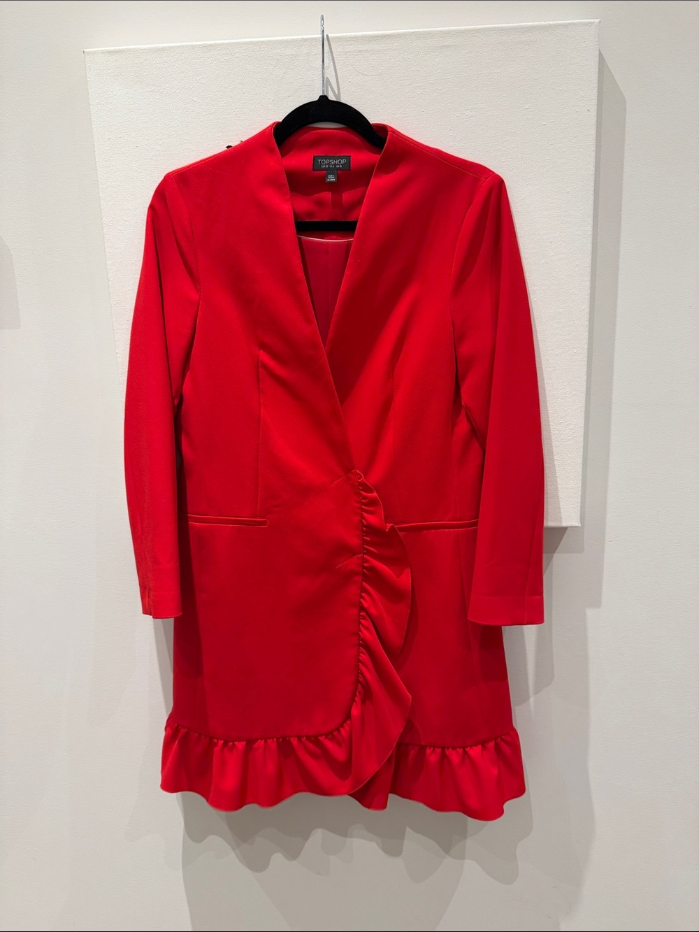 Topshop Bright Red Long Sleeve Ruffle-Front Dress
